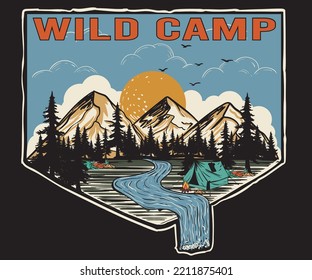 Wild camp. Mountain adventure artwork for poster, sticker, background and others. Mountain river illustration. Great outdoor print design for t-shirt.