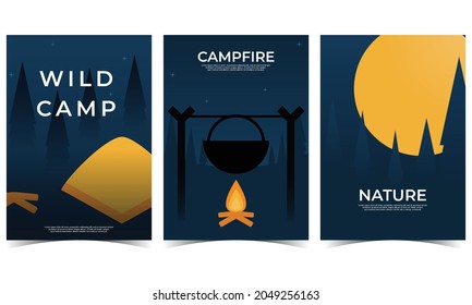 Wild Campfire Nature. Set of 3 simple Background Vector Illustration Flat Style. Suitable for poster, cover, web, banner, or flyer
