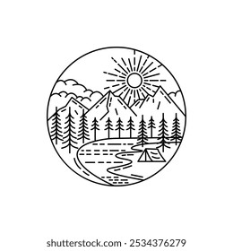 Wild camping adventure logo illustration monoline design. With tent, river, mountain, trees, and sun