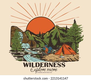 Wild camping graphic artwork for t shirt and others. Mountain print design for apparel, sticker, background, poster and others.