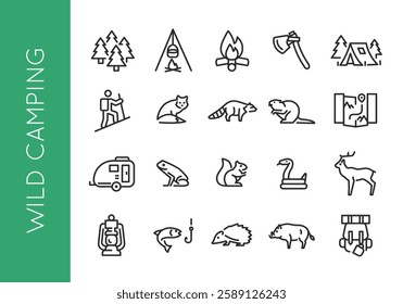 Wild camping icons. Set of 20 trendy minimal camping icons including Fire, Tent, Axe, Lantern, Backpack icon. Design signs for web page, mobile app, packaging design. Vector illustration.