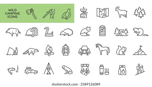 Wild camping icons. Set of 31 trendy minimal camping icons including Fire, Tent, Axe, Lantern, Backpack icon. Design signs for web page, mobile app, packaging design. Vector illustration.