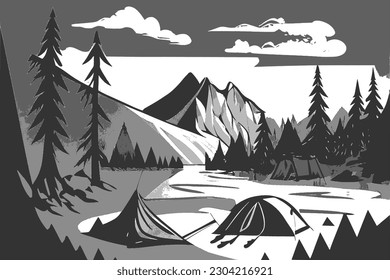 Camping salvaje en la imagen vectorial de las montañas.