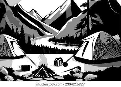 Camping salvaje en la imagen vectorial de las montañas.