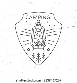 Wild camping. Vector illustration. Concept for shirt or logo, print, stamp Vintage line art design with camp lantern and forest silhouette. Outdoor adventure symbol.