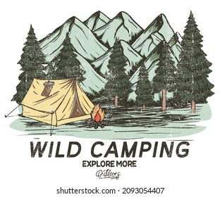 Wild camping vector t shirt design for apparel, t shirt, sticker, poster, wallpaper and others. Mountain adventure print artwork.