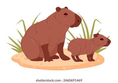 Wild capybara with baby. Cartoon herbivore mammals in natural habitat, capybara mom and cute little baby flat vector illustration. Semi-aquatic animals