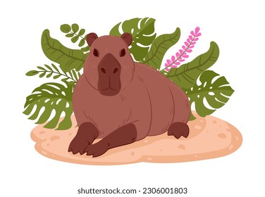 Wild capybara. Cartoon semi-aquatic herbivore in natural habitat. Mammal capybara flat vector illustration