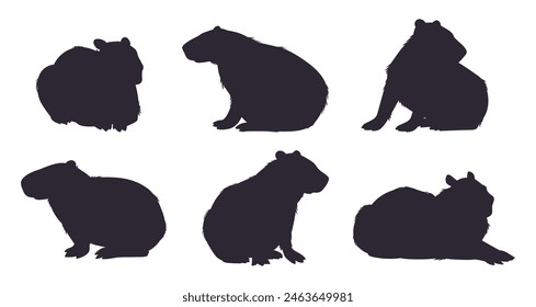 Wild capybara silhouettes. Cartoon cute capybara mammals stencil flat vector illustration set. Semi-aquatic capybara animals silhouette collection