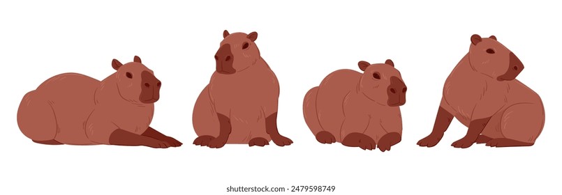 Wild capybaras. Cartoon herbivore mammals in natural habitat, semi-aquatic animals flat vector illustration set. Cute capybaras in various poses