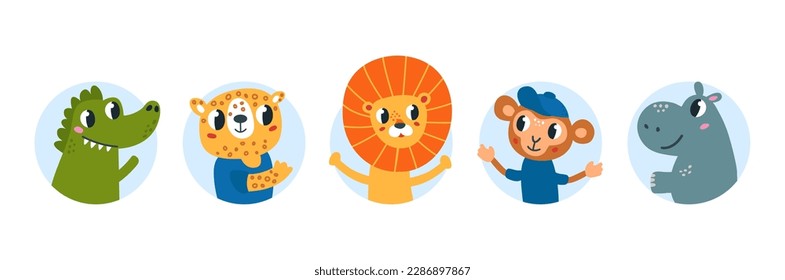 Wild cartoon african animals avatars. Exotic animal, lion, monkey, hippo and crocodile. Cute funny children mascots, decorative vector stickers