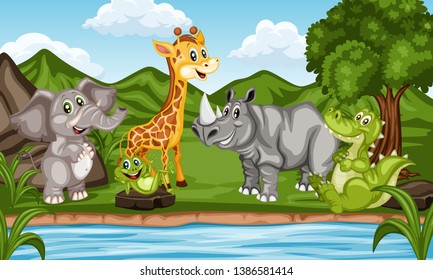 Wild Cartoon Animals Near River. Beautiful Nature Scene. Cute Funny Animal Characters Elephant, Rhino, Giraffe, Alligator, Frog  Standing in Front of Hills, Rock and Tree