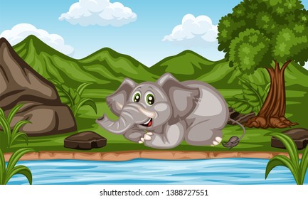 Wild Cartoon Animals Near River. Beautiful Nature Scene. Cute Funny Animal Character Elephant Standing in Front of Hills, Rock and Tree