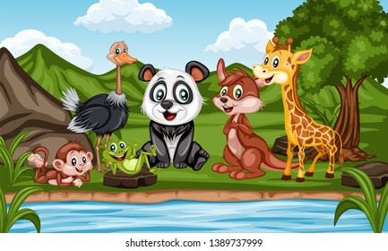 Wild Cartoon Animals Near River. Beautiful Nature Scene. Cute Funny Animal Characters Ostrich, Panda, Giraffe, Kangaroo, Frog, Monkey Standing in Front of Hills, Rock and Tree