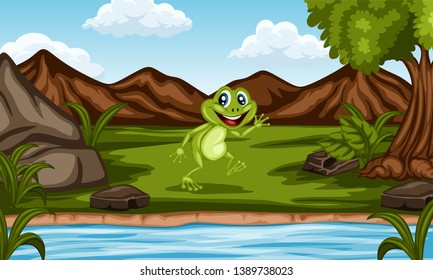 Wild Cartoon Animals Near River. Beautiful Nature Scene. Cute Funny Animal Character Frog in Front of Hills, Rock and Tree