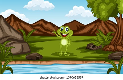 Wild Cartoon Animals Near River. Beautiful Nature Scene. Cute Funny Animal Character Frog in Front of Hills, Rock and Tree