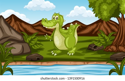 Wild Cartoon Animals Near River. Beautiful Nature Scene. Cute Funny Animal Character Alligator Standing in Front of Hills, Rock and Tree