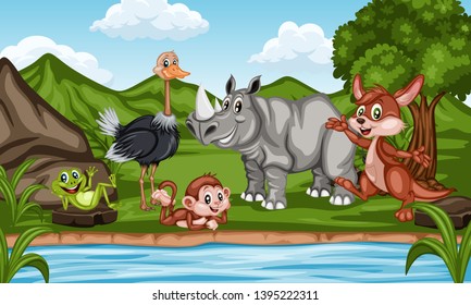 Wild Cartoon Animals Near River. Beautiful Nature Scene. Cute Funny Animal Characters Ostrich, Rhino, Kangaroo, Monkey, Frog Standing in Front of Hills, Rock and Tree