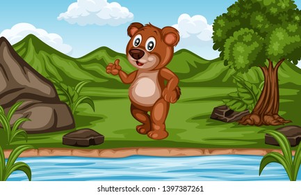 Wild Cartoon Animals Near River. Beautiful Nature Scene. Cute Funny Animal Characters Bear Standing in Front of Hills, Rock and Tree