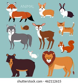 Wild cartoon animals set in flat style