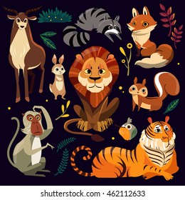 Wild cartoon animals set in flat style