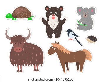 Wild cartoon animals stickers isolated on white background. Small turtle, brown bear, black and white magpie, cute coala bear, barbed hadgehog, fluffy yak and funny horse vector illustrations set.