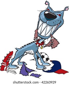 A wild cartoon dog with various torn apart sports equipment. Layered vector file.