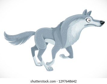 Wild cartoon gray wolf run forward isolated on white background