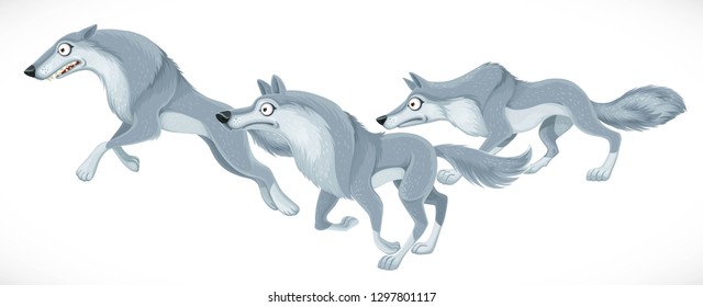 Wild Cartoon Hunting Wolves Run Forward Isolated On White Background