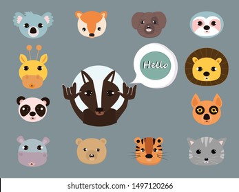 Wild cartoon say hello concept . Flat vector illustration for web page. 