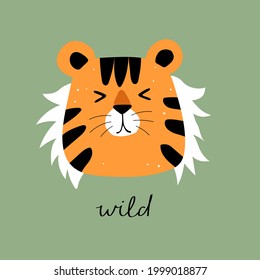 wild. cartoon tiger, hand drawing lettering. flat style, colorful vector for kids. baby design for cards, poster decoration, print