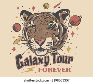 Wild cat face vector. Tiger galaxy tour. Animal rock and roll vector design. Space wild cat vintage artwork.