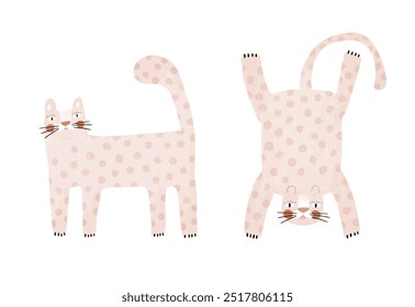 Wild Cat. Funny Cheetah. Cute Infantile Style Nursery Vector Art with Two Hand Drawn Leopards on a White Background. Leopard with Dotted Skin. Print with Safari Animals. Kids' Room Decoration. RGB.