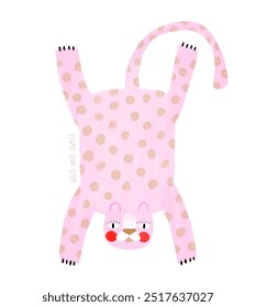 Gato selvagem. Engraçado Pink Cheetah. Arte Vetorial Infantil Estilo Infantil bonito com Leopardo desenhado à mão rosa em um fundo branco. Leopardo com Pele Pontilhada. Imprimir com Safari Animal. Decoração de quarto infantil.RGB.