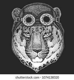 Wild cat Leopard Cat-o'-mountain Panther Hand drawn picture for tattoo, emblem, badge, logo, patch, t-shirt Cool animal wearing aviator, motorcycle, biker helmet.