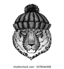 Wild cat Leopard Cat-o'-mountain Panther Cool animal wearing knitted winter hat. Warm headdress beanie Christmas cap for tattoo, t-shirt, emblem, badge, logo, patch