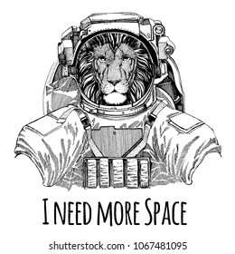Wild cat Lion Astronaut. Space suit. Hand drawn image of lion for tattoo, t-shirt, emblem, badge, logo patch kindergarten poster children clothing
