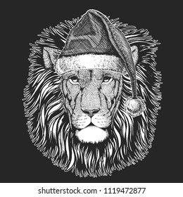 Wild cat. Lion Christmas, new year celebration. Santa Claus winter hat. Xmas headdress.
