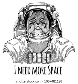 Wild cat Lynx Bobcat Astronaut. Space suit. Hand drawn image of lion for tattoo, t-shirt, emblem, badge, logo patch kindergarten poster children clothing