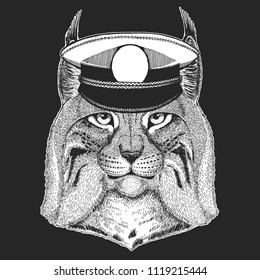 Wild cat, Lynx, Bobcat, Trot Vector print for children. Capitan, pirate animal. Brave sailor. Design for kindergarten, school kids clothing, t-shirts.