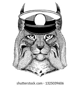 Wild cat Lynx Bobcat Trot Hand drawn image for tattoo, emblem, badge, logo, patch