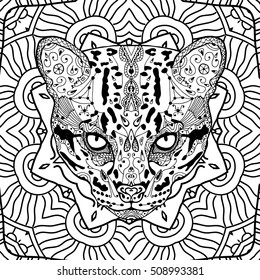 Wild cat on the background circular tribal pattern. Colroing page for adults. Line art