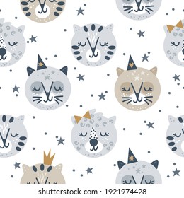 Wild cat seamless pattern in pastel color with sprinkle of magic. Kids texture for fabric, wrapping, textile, wallpaper, apparel.