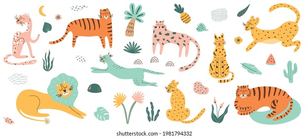 Wild cat set. Safri animals collection. Tiger, lion, leopard, jaguar African feline animals tropical palm