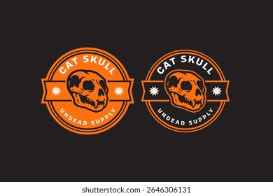 logotipo crachá crânio gato selvagem definido em estilo retro. vintage logotipo emblema de crânio animal. felino esqueleto patch morto-vivo temático para a vida selvagem, aventura, exterior clubes embalagem e mercadoria