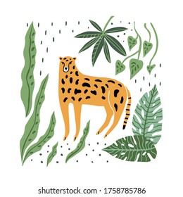 Wild cat standing in the jungle composition. Tropical leaves and leopard isolated vector on white background. Exotic cat hand drawn flat vector illustration.