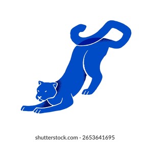 Gato selvagem está se alongando. Silhueta azul abstrata de onça. Rabiscar a sombra da pantera, leopardo. Animais da selva, vida selvagem da floresta tropical. Ilustração de vetor desenhada à mão isolada plana sobre fundo branco