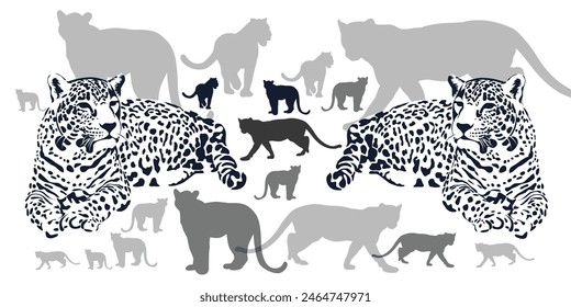 Wild cat tiger jaguar rain forest animals silhouette vector background. Wild life animals. Isolated on white background.