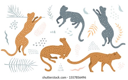 Wild cats in different poses collection clip art with floral leaves and abstract shape designer kit. Leopard wild animal walking sitting playing posing modern vector print design collection.