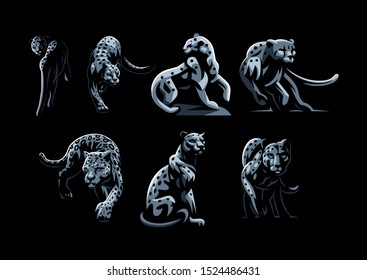 Wild cats. Jaguar, cheetah, leopard, panther. Set of vector illustrations.